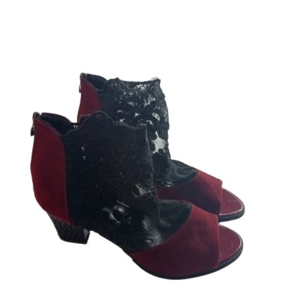 Jsaierl Womens Peep Toe Ankle Bootie Maroon Suede Black Lace 38 7.5 - Picture 4 of 9